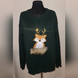 Brave soul forest green FOX APPLIQUE SWEATER WITH FAUX FUR AND SEQUIN, S